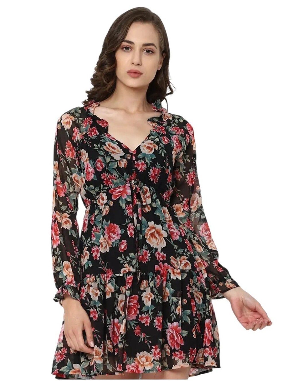 American Eagle Pink Black Green Floral Tie-Waist chiffon V-Neck Mini Dress Sz M